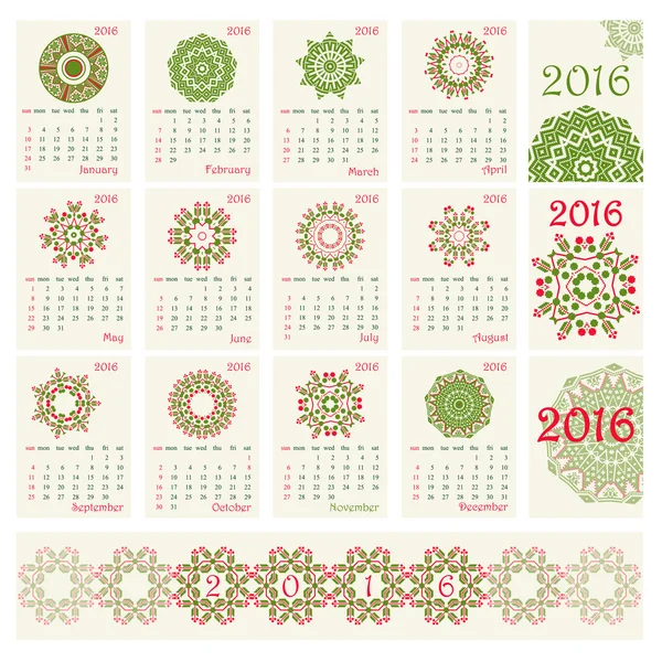 2016 Calendario con patrón de ornamento redondo étnico en colores rojo y verde — Vector de stock