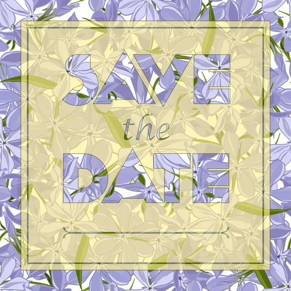 Floral ευχετήρια κάρτα με κείμενο Save the ημερομηνία. Χωρίς ραφή πρότυπο με εορταστική λουλούδι phlox divaricata μπουκέτο στολίδι — Διανυσματικό Αρχείο