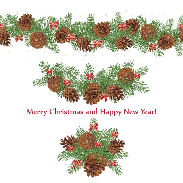 Set guirlandes festives de cônes de pin et d'arcs décorés d'étoiles — Image vectorielle
