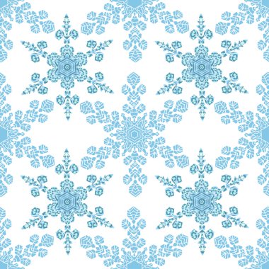 Festive seamless pattern with blue colored snowflakes on white background