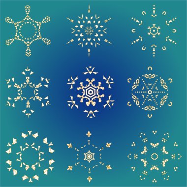 Set hand-drawn doodles gold colored snowflake Festive seamless pattern