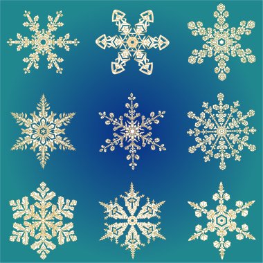 Set hand-drawn doodles gold colored snowflake Festive seamless pattern