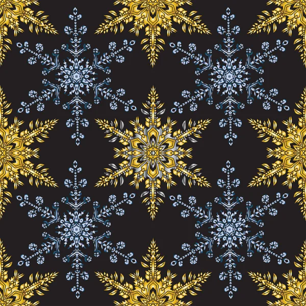 Достичь Рождества бесшовный фон с нарисованной вручную реалистичной снежинки, золотой цвет на черном . — стоковый вектор