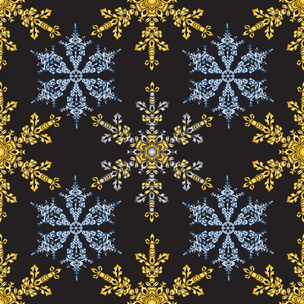 Достичь Рождества бесшовный фон с нарисованной вручную реалистичной снежинки, золотой цвет на черном . — стоковый вектор