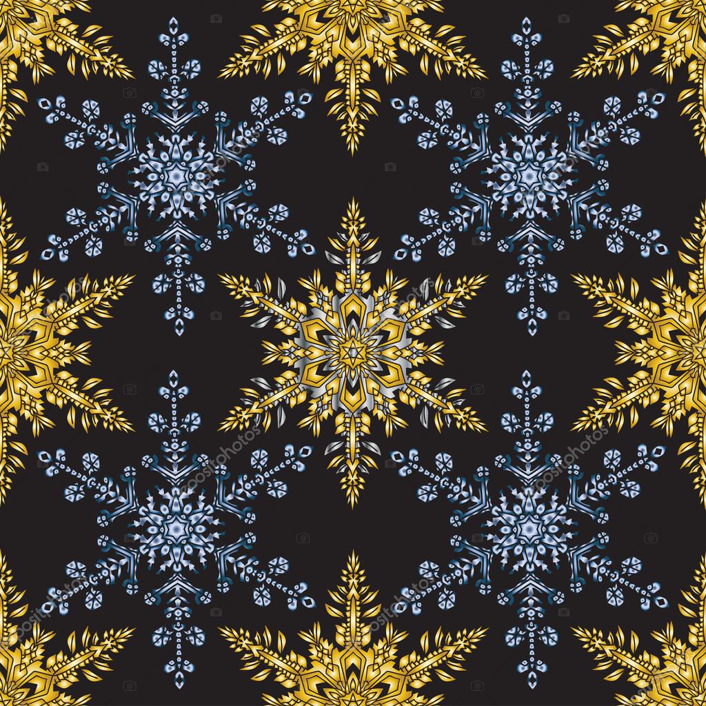Reach christmas seamless background with hand drawn realistic snowflake golden color on black