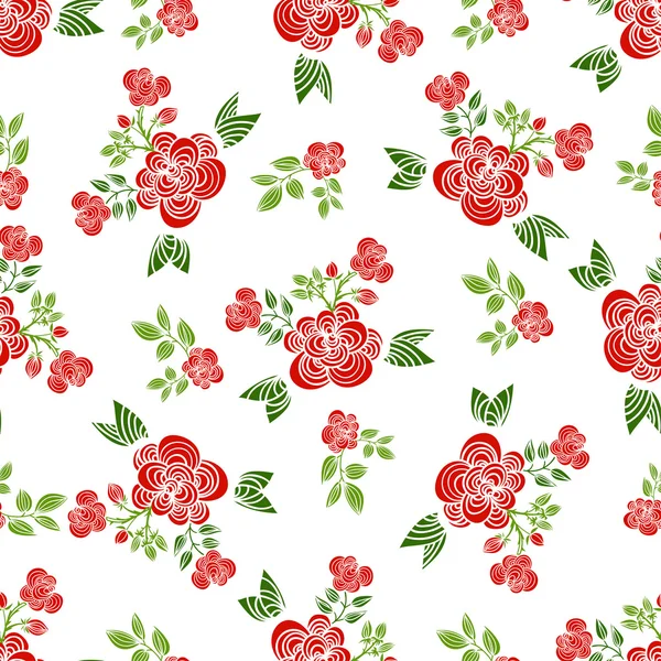 Patrones decorativos sin costura con rosas rojas, hojas y ramas . — Vector de stock