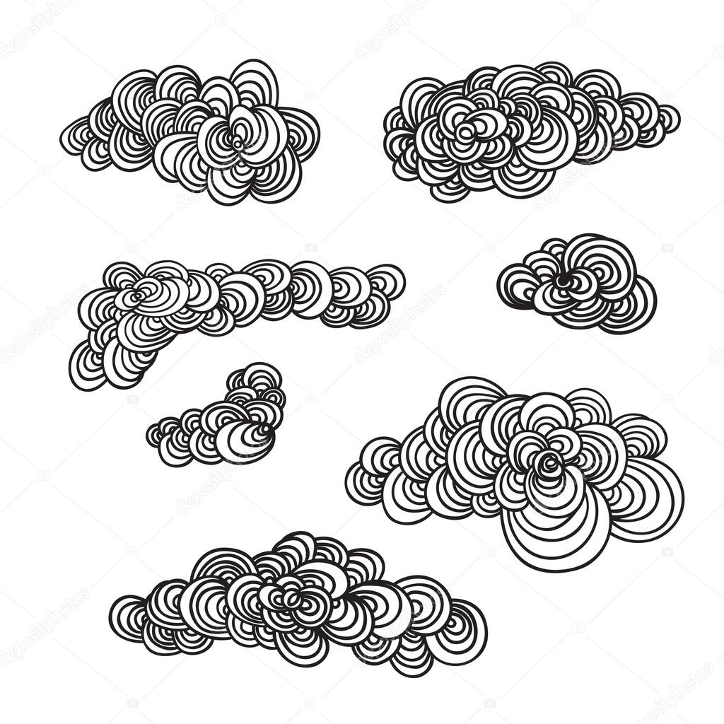 Set of decorative hand drawn color clouds Vector illustration. Great idea for print, logo, textiles, tattoo.