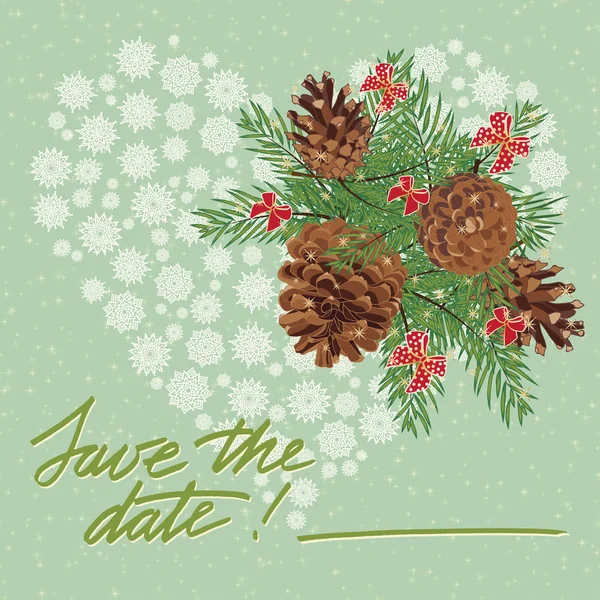Cartão de Natal vintage com grinalda de pinhas e puansetia —  Vetores de Stock
