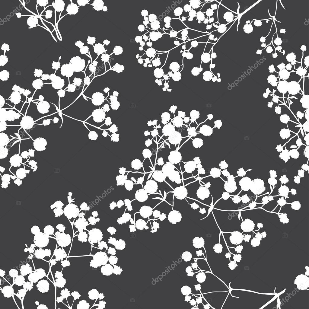 Seamless background with branches of beautiful hand-drawn silhouette gypsophila