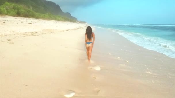 Mujer Joven Atractiva Que Disfruta Del Relax Mientras Camina Playa — Vídeo de stock