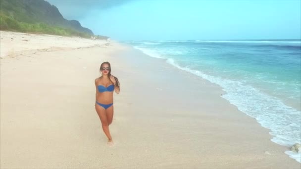Junge Attraktive Frau Genießt Entspannung Beim Wandern Sandstrand Der Nähe — Stockvideo