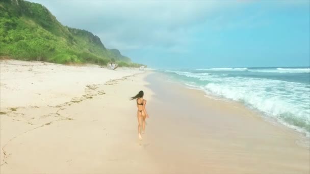若い魅力的な女性が走り 砂浜でリラックスして楽しむ — ストック動画