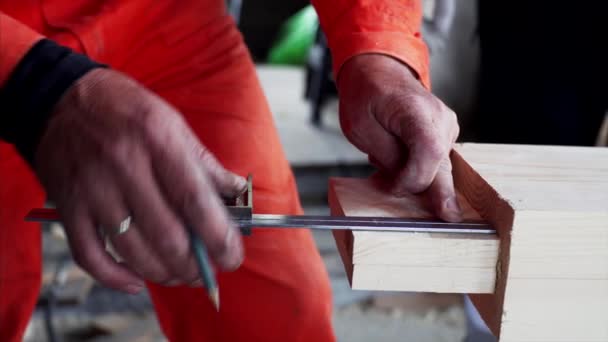 Aus Der Nähe Der Tischlerhände Misst Mit Dem Bleistift Die — Stockvideo