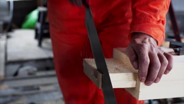 正在用小型手工锯切木板的不明身份木匠的手的近视 木匠车间 — 图库视频影像