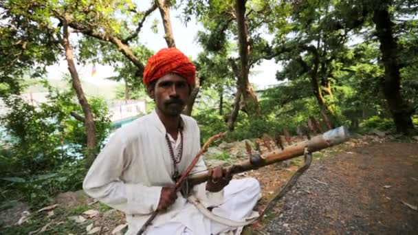 Street musician plays ravanahatha. — Stock Video