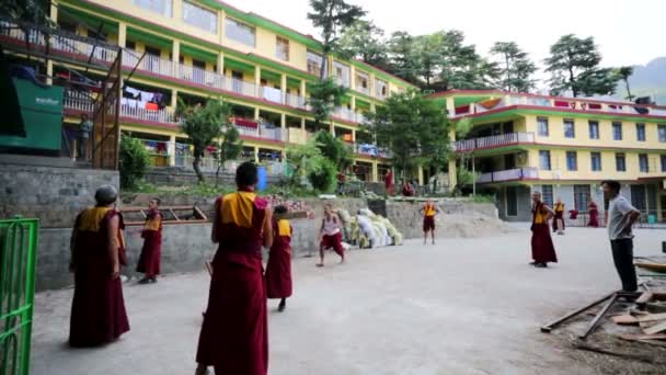 Tibetische Mönche spielen Cricket. — Stockvideo
