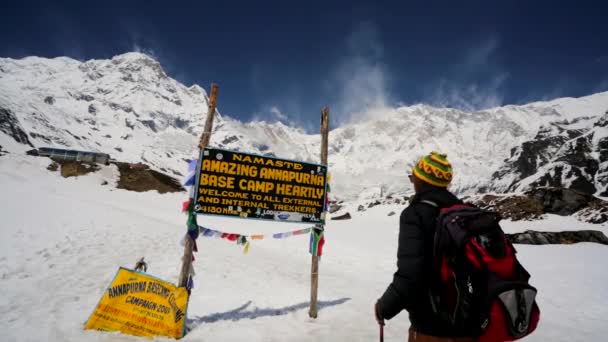 Wandelaar in bergen van de Himalaya — Stockvideo