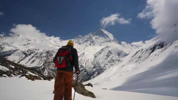 Himalaya Dağları'nda uzun yürüyüşe çıkan kimse — Stok video