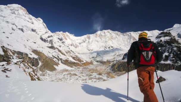 Himalaya Dağları'nda uzun yürüyüşe çıkan kimse — Stok video