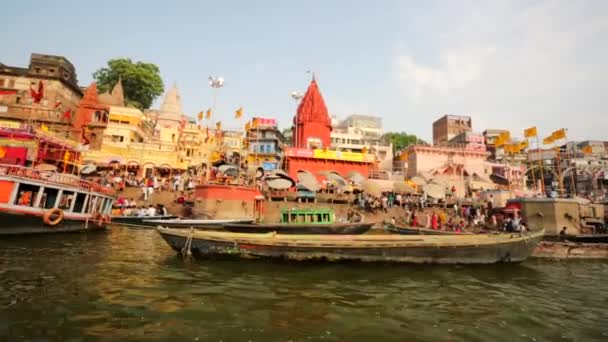 Ganges river with the boats and holy ghats. — Stock Video