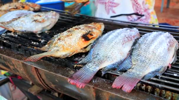 Poisson sur un barbecue au charbon de bois — Video