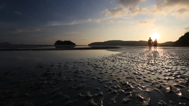 Casal caminhando em uma praia ao pôr do sol — Vídeo de Stock