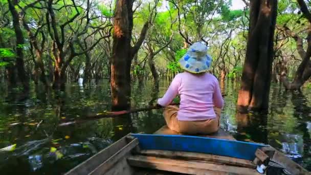 Femme ramène un bateau à travers la forêt — Video