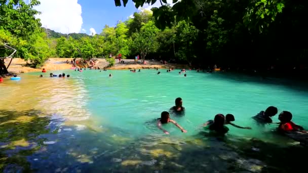 Los turistas se bañan en la piscina esmeralda — Vídeo de stock