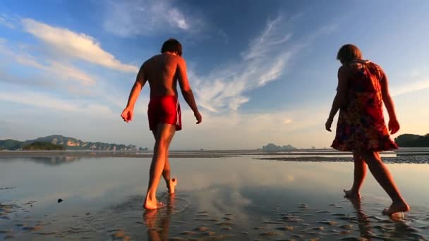 Paar lopen op een strand bij zonsondergang — Stockvideo