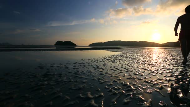 Paar lopen op een strand bij zonsondergang — Stockvideo