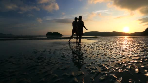 Paar spaziert bei Sonnenuntergang am Strand — Stockvideo