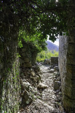 Deniz koyunun kıyısındaki bir dağ köyünde harap olmuş dar bir sokak. Taş bir evin duvarı. Bir sürü ağaç ve çalı yaprağı var. Avrupa