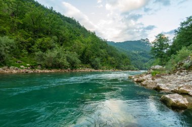 Karadağ. Tara River Kanyon Dağları. Manzara. Kristal berrak turkuaz mavi su. Gün batımı. Güzel sahil ve sudaki güneş ışığının yansıması.