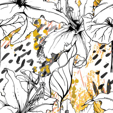 Çiçekli Siyah Beyaz Şablon. Modern Suluboya