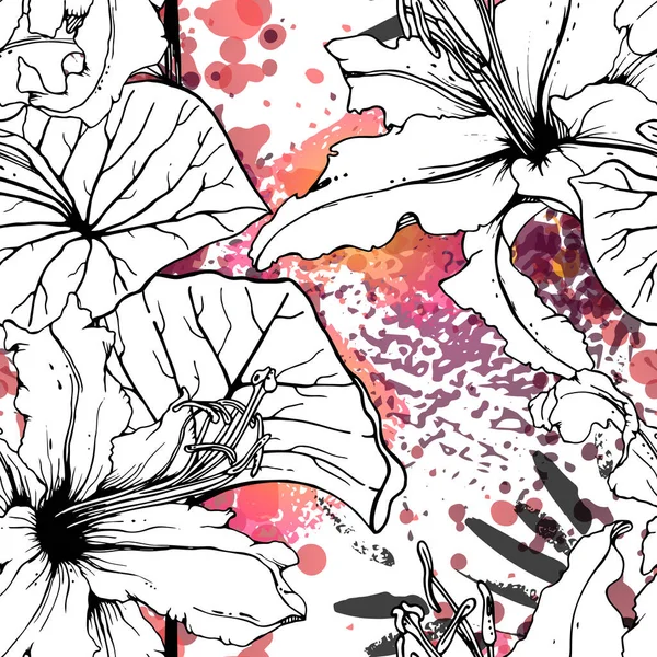 Floral Schwarz Weiß Muster. Moderne Aquarelle — Stockvektor