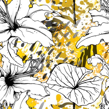 Çiçekli Siyah Beyaz Şablon. Modern Suluboya