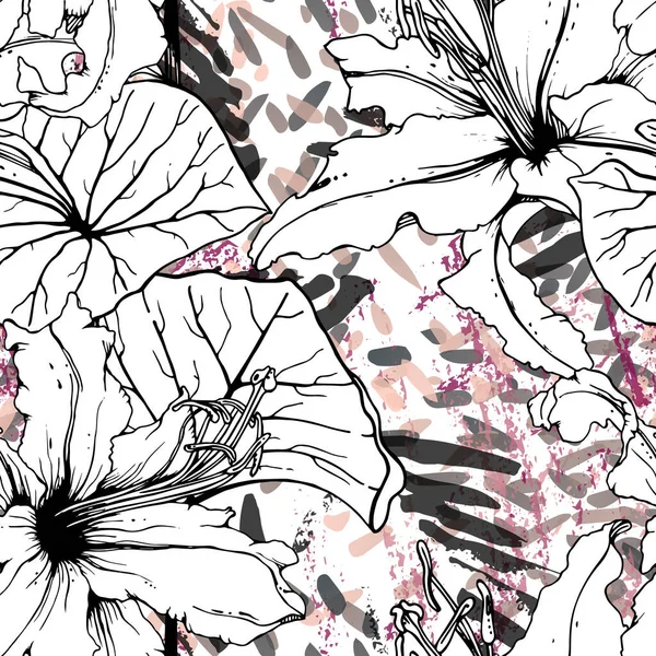 Bloemen Zwart Wit Patroon. Moderne aquarel — Stockvector