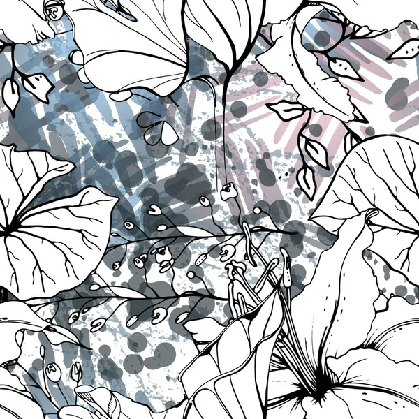 Patrón blanco negro floral. Acuarela moderna — Vector de stock