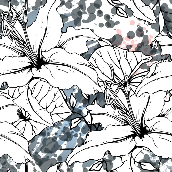 Patrón blanco negro floral. Acuarela moderna — Vector de stock