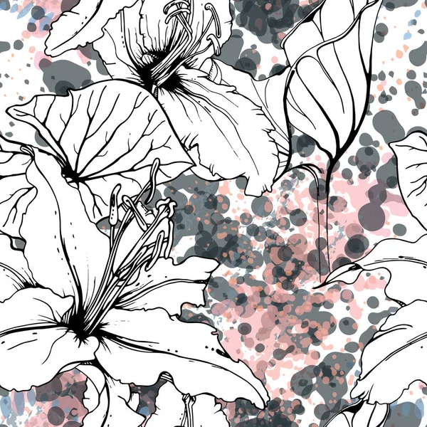 Bloemen Zwart Wit Patroon. Moderne aquarel — Stockvector