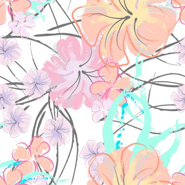 Pembe Çiçekler Çiçek Şablonu. Pastel Suluboya.