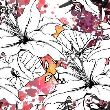 Çiçekli Siyah Beyaz Şablon. Modern Suluboya