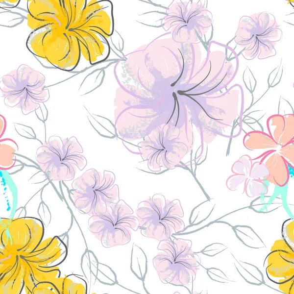Pink Flowers Blooming Pattern. Pastel Watercolor. — Stock Vector
