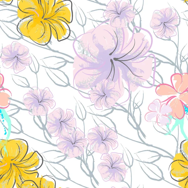 Pink Flowers Blooming Pattern Pastel Watercolor. — стоковий вектор