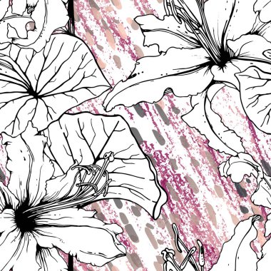 Çiçekli Siyah Beyaz Şablon. Modern Suluboya