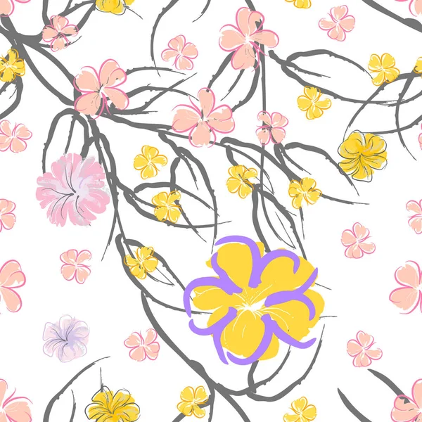 Pink Flowers Blooming Pattern. Pastel Watercolor. — Stock Vector