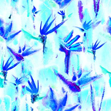 Tropikal ormansız desensiz baskılı sulu boya sonsuz boya tekrar tekrar çiçek pasteli.