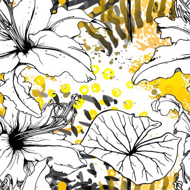 Çiçekli Siyah Beyaz Şablon. Modern Suluboya