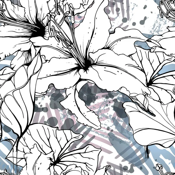 Patrón blanco negro floral. Acuarela moderna — Vector de stock