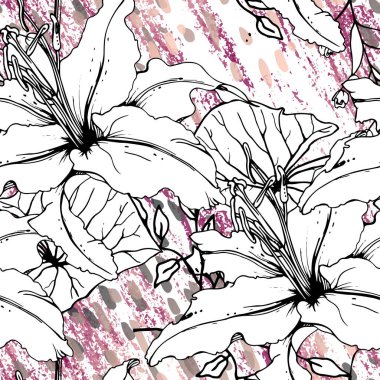 Çiçekli Siyah Beyaz Şablon. Modern Suluboya